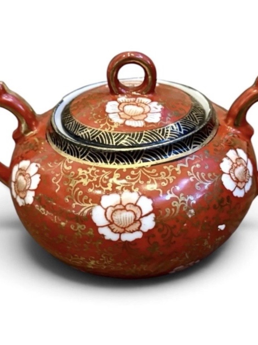 Japanese Porcelain Red Floral Sugar Bowl with Lid Gold Floral Enamel